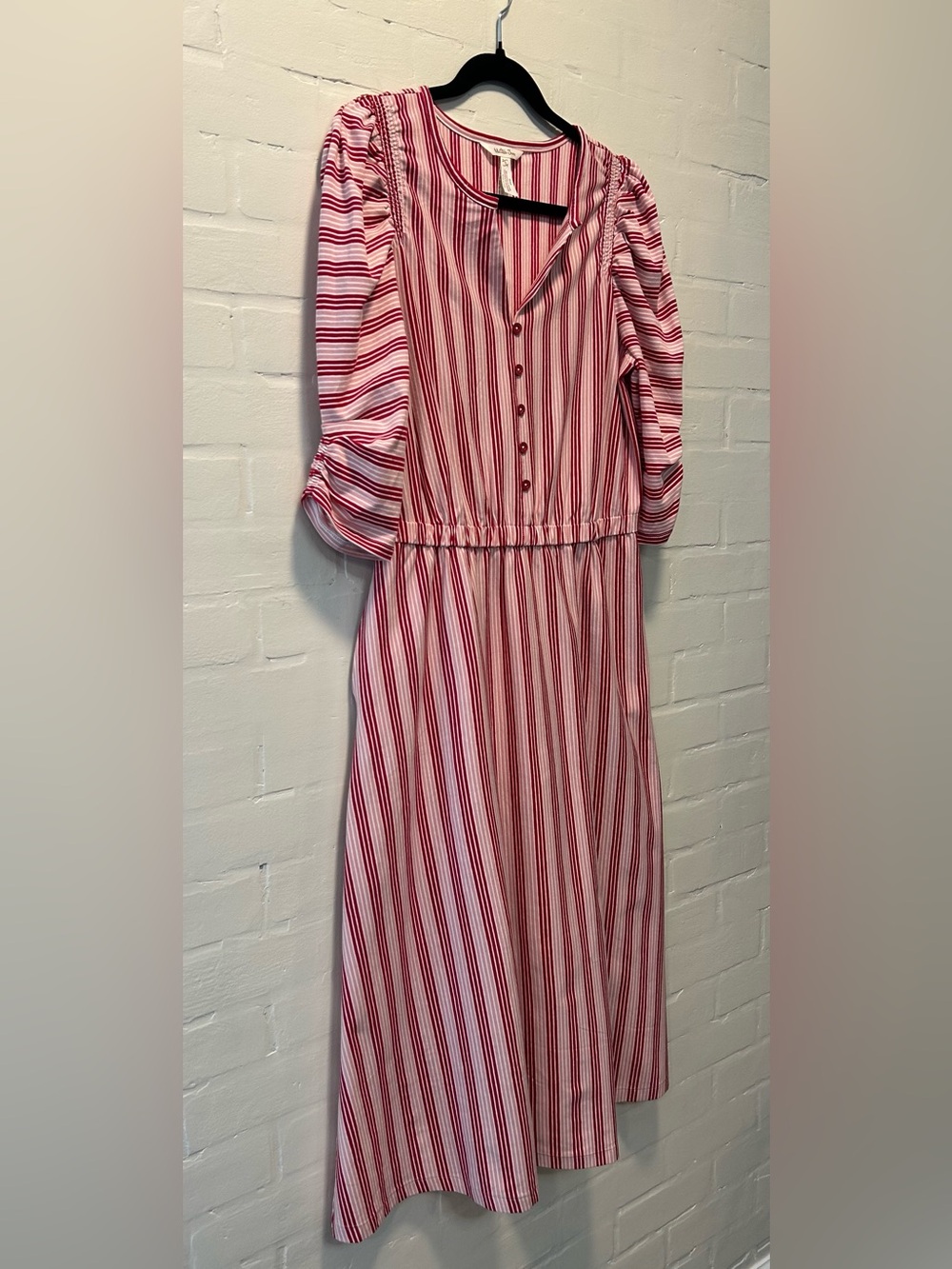 Matilda Jane Red Pink White Striped Midi Dress Puff Sleeve Cottagecore Small - Picture 3 of 8